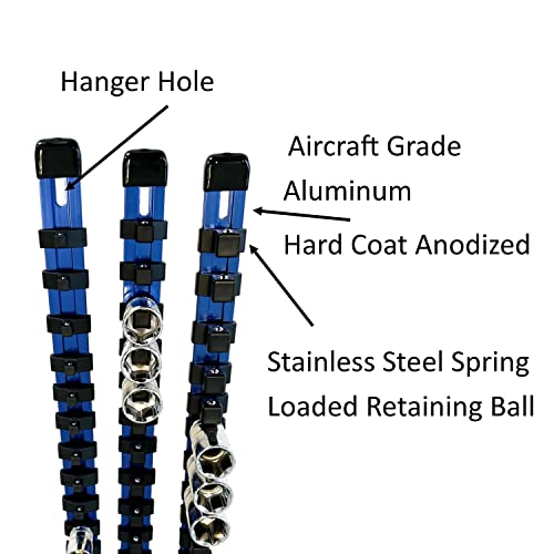 Keyfit Tools Aircraft Grade Aluminum Socket Holder Organizer 6 Piece Set Includes 1/4 3/8 1/2 Drive Rails & Socket Extension Adapter Swivel Rails