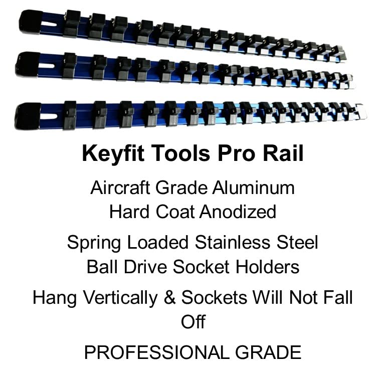 Keyfit Tools Aircraft Grade Aluminum Socket Holder Organizer 6 Piece Set Includes 1/4 3/8 1/2 Drive Rails & Socket Extension Adapter Swivel Rails