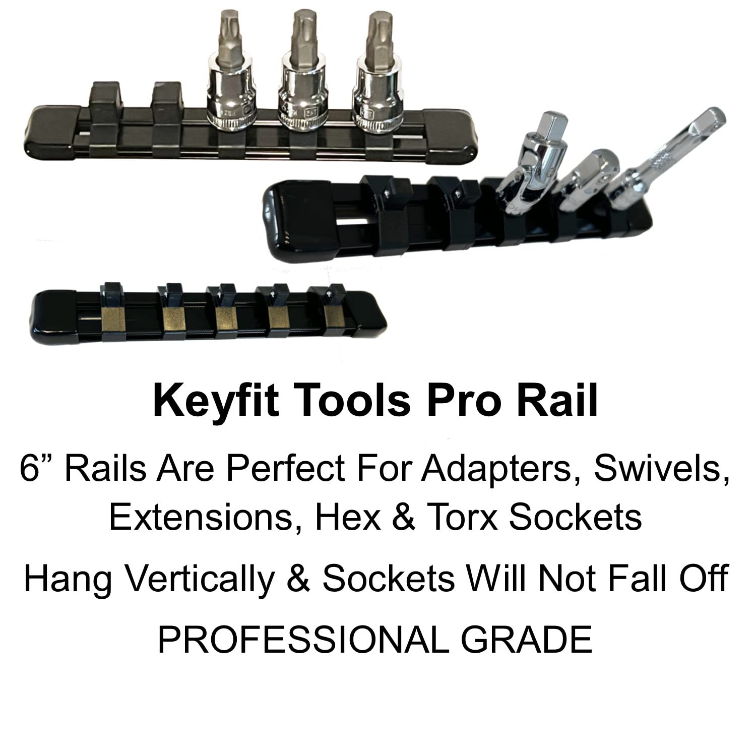 Keyfit Tools Aircraft Grade Aluminum Socket Holder Organizer 6 Piece Set Includes 1/4 3/8 1/2 Drive Rails & Socket Extension Adapter Swivel Rails