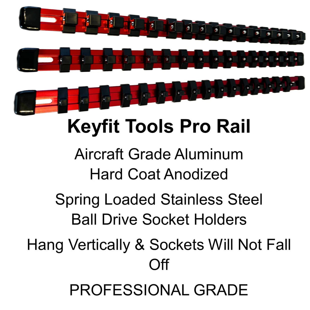 Keyfit Tools Aircraft Grade Aluminum Socket Holder Organizer 6 Piece Set Includes 1/4 3/8 1/2 Drive Rails & Socket Extension Adapter Swivel Rails
