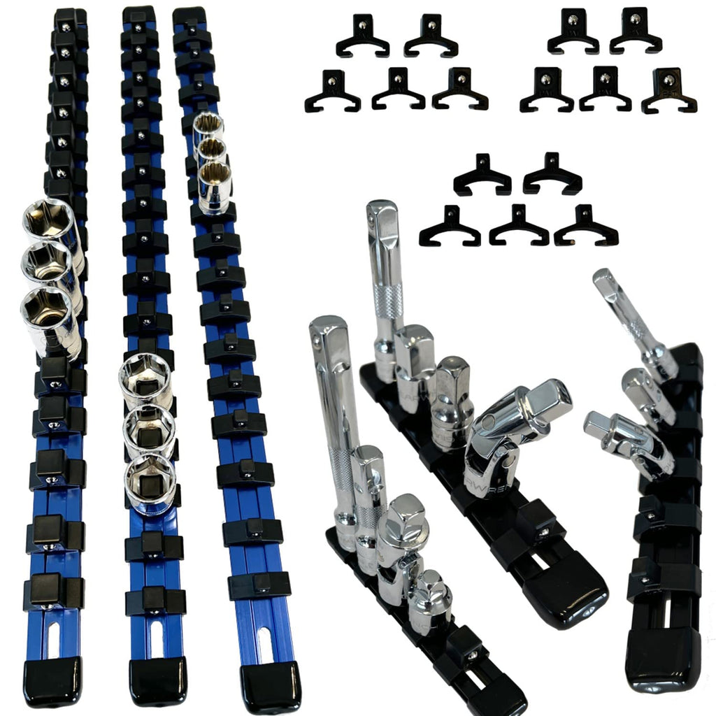 Keyfit Tools Aircraft Grade Aluminum Socket Holder Organizer 6 Piece Set Includes 1/4 3/8 1/2 Drive Rails & Socket Extension Adapter Swivel Rails