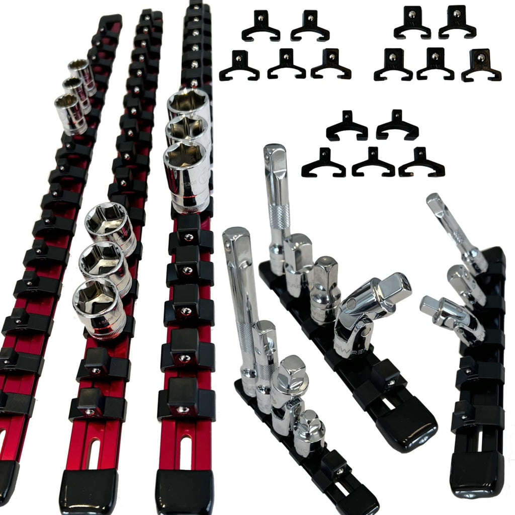 Keyfit Tools Aircraft Grade Aluminum Socket Holder Organizer 6 Piece Set Includes 1/4 3/8 1/2 Drive Rails & Socket Extension Adapter Swivel Rails